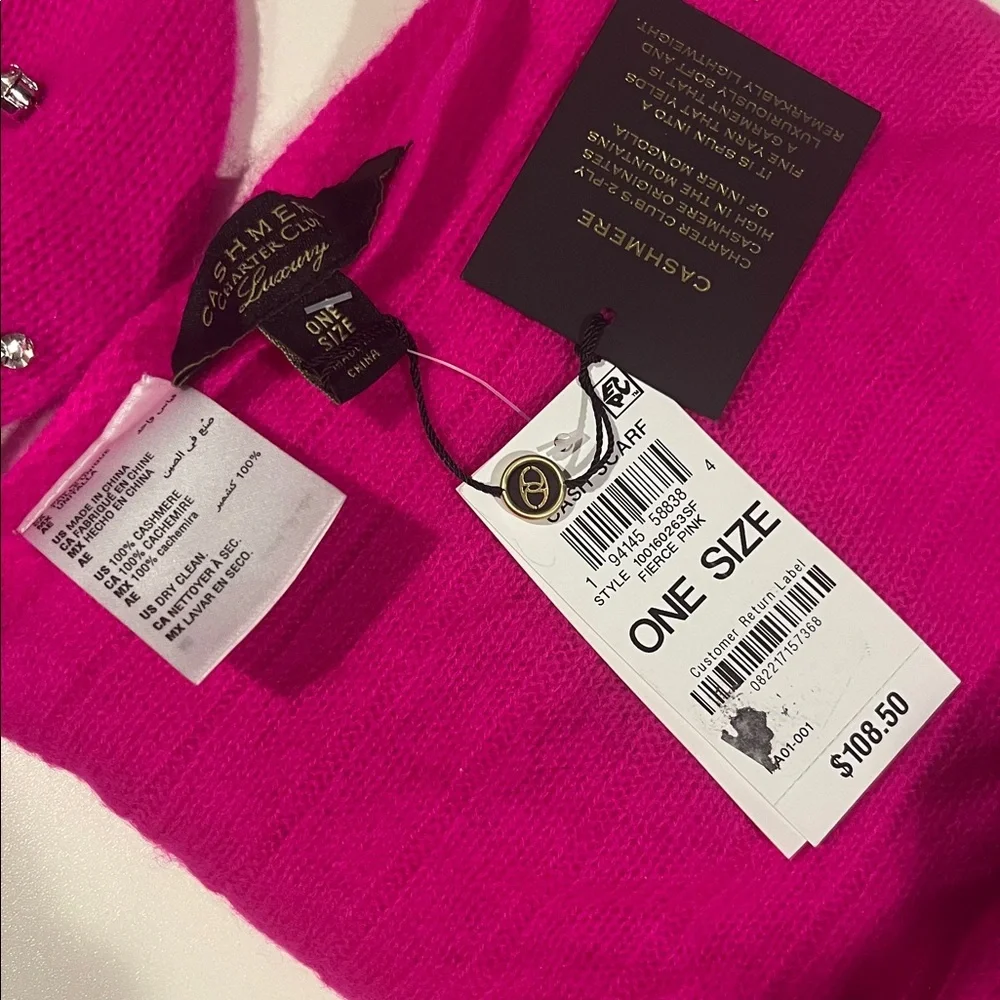 Charter Club Pink Ribbed Cashmere Scarf and Embellished Pink Beanie One Size